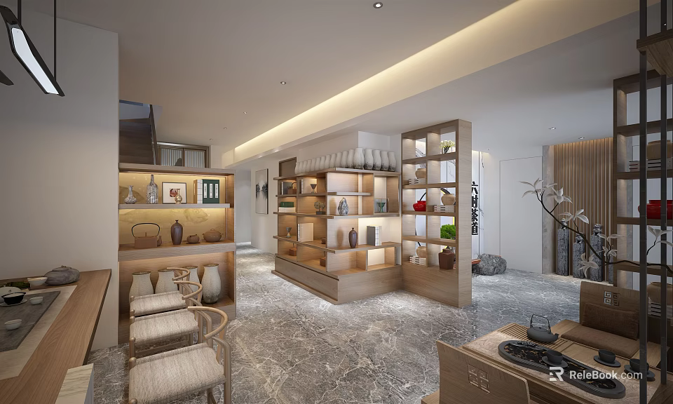 Traditional Tea House Interior Design With Wooden Shelves Tea Sets And Seating Area 3d model 