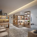 Traditional Tea House Interior Design With Wooden Shelves Tea Sets And Seating Area