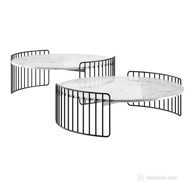 Modern Round Coffee Table Set With Marble Top And Black Metal Frame 3d model 