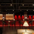 Stylish Bar Interior With Wooden Decor Red Curtains High Stools Armchairs And Pendant Lights