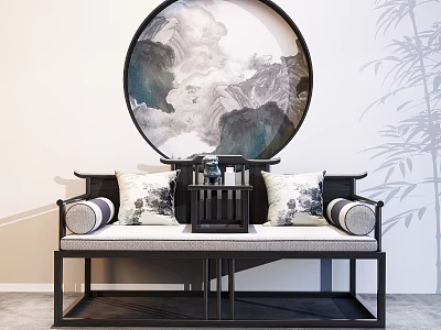 Chinese Traditional Luohan Bed With Circular Landscape Painting And Bamboo Decor 3d model