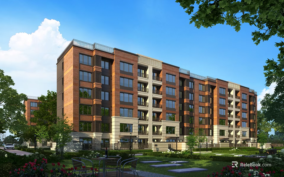 Multi Story Residential Building Featuring Red Brick Exterior Light Stone Accents And Green Garden Courtyard 3d model 