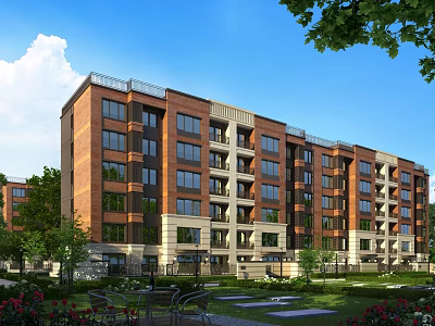 Multi Story Residential Building Featuring Red Brick Exterior Light Stone Accents And Green Garden Courtyard 3d model