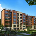 Multi Story Residential Building Featuring Red Brick Exterior Light Stone Accents And Green Garden Courtyard
