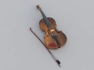 Antique Style Wooden Violin With Bow And String Musical Instrument Elements 3d model