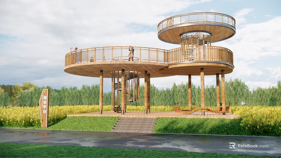 Wooden Circular Garden Observation Deck With Two Levels Steps And Lush Green Surroundings 3d model 