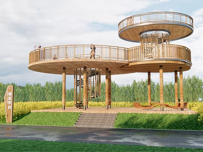 Wooden Circular Garden Observation Deck With Two Levels Steps And Lush Green Surroundings 3d model