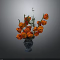 Blue Ceramic Vase With Vibrant Orange Flowers And Green Leafy Branches