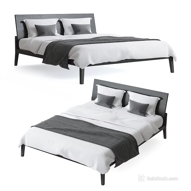Modern Double Bed With Black Frame White Sheets Gray Pillows And Blanket 3d model 