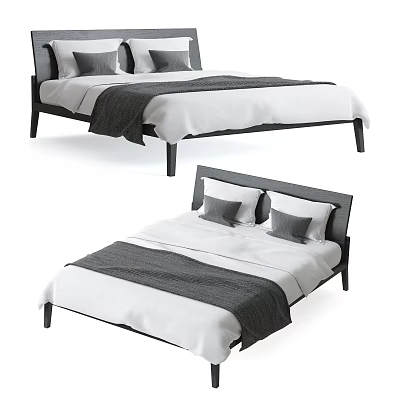 Modern Double Bed With Black Frame White Sheets Gray Pillows And Blanket 3d model
