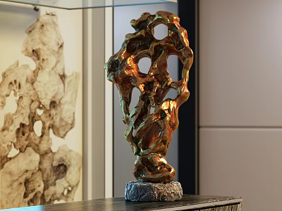 Copper Gold Hollow Ornamental Decor Set With Stone Base And Display Case 3d model