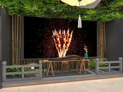 Chinese Restaurant Interior With Bamboo Decor Green Vines Wooden Table Skewers And Stone Railings 3d model