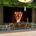 Chinese Restaurant Interior With Bamboo Decor Green Vines Wooden Table Skewers And Stone Railings