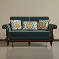 Classic Teal Two Seater Sofa Featuring Patterned Cushions And Gold Trim 3d model