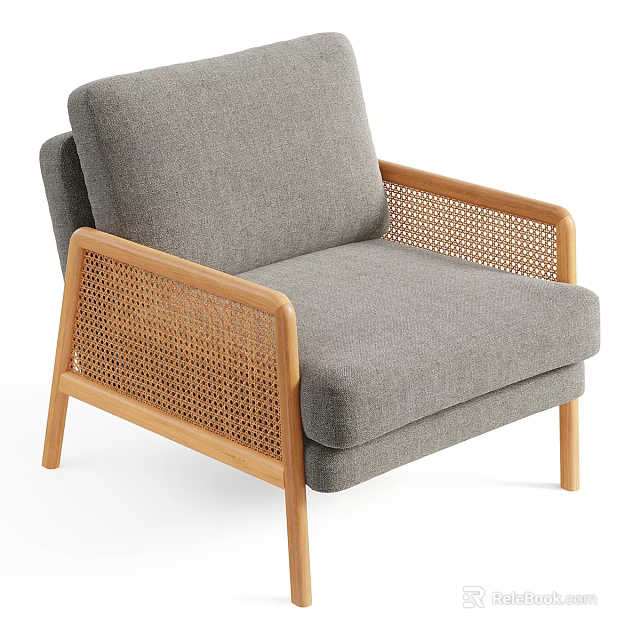 Gray Upholstered Sofa and Coffee Table Set with Wooden Frame and Rattan Armrests 3d model 