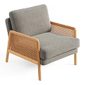 Gray Upholstered Sofa and Coffee Table Set with Wooden Frame and Rattan Armrests