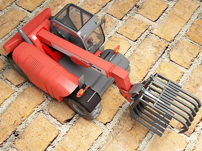 Red Industrial Loader With Mechanical Arm And Fork Attachment On Brick Floor 3d model