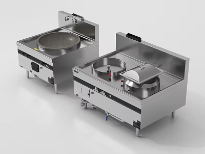 Stainless Steel Commercial Kitchen Equipment With Wok Pan And Covered Pots Cooking Station 3d model