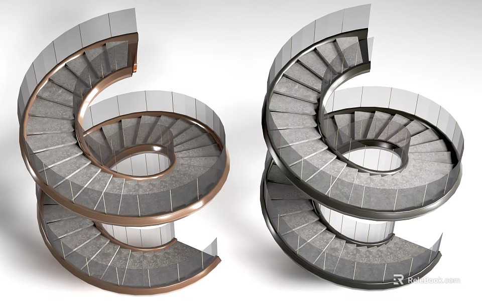 Two Modern Spiral Staircases with Metal Frames Gray Steps and Glass Railings 3d model 