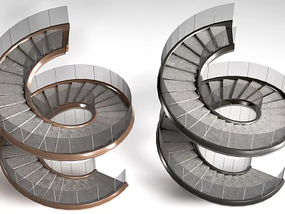 Two Modern Spiral Staircases with Metal Frames Gray Steps and Glass Railings 3d model