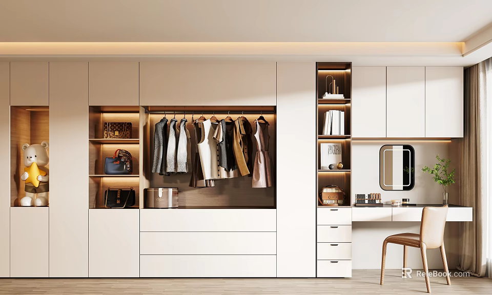 Modern Wardrobe Interior Design with Hanging Clothes Drawers and Dressing Table Mirror 3d model 