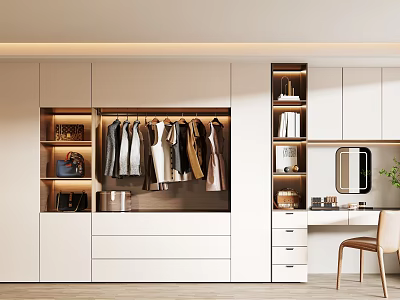 Modern Wardrobe Interior Design with Hanging Clothes Drawers and Dressing Table Mirror 3d model