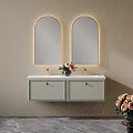 Elegant Modern Bathroom Vanity With Double Arched Backlit Mirrors Gold Faucets And Floral Decor