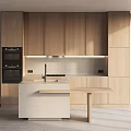 Modern Kitchen With Light Wood Cabinets Concrete Island Built In Oven And Under Cabinet Lighting