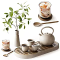 Elegant Ceramic Tea Set On Wooden Tray With Green Leaf Plant Accent