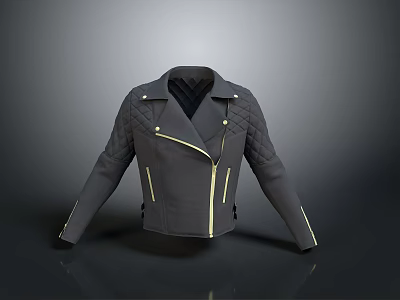 Gray Leather Jacket With Quilted Pattern Gold Zippers And Lapel Collar Design 3d model
