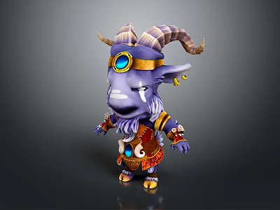 Purple Horned 3D Character Creature With Golden Horns Beard Blue Gem Earrings And Decorative Outfit 3d model