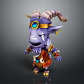 Purple Horned 3D Character Creature With Golden Horns Beard Blue Gem Earrings And Decorative Outfit