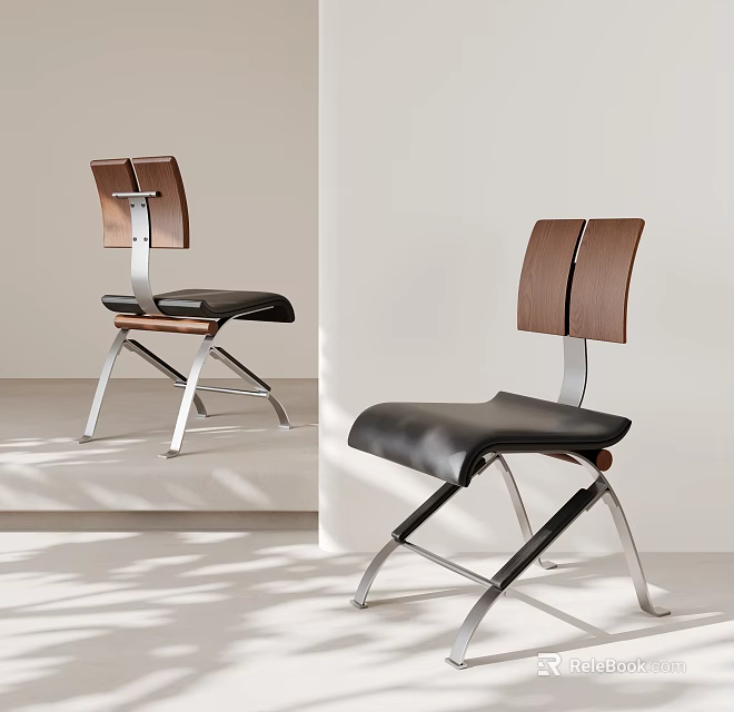 Modern Dining Chair With Wooden Backrest Leather Seat And Metal Legs 3d model 