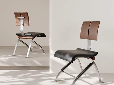 Modern Dining Chair With Wooden Backrest Leather Seat And Metal Legs 3d model
