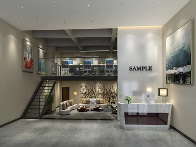 Modern Front Desk Reception In Spacious Lobby With Sofa Area Staircase And Decorative Artworks 3d model