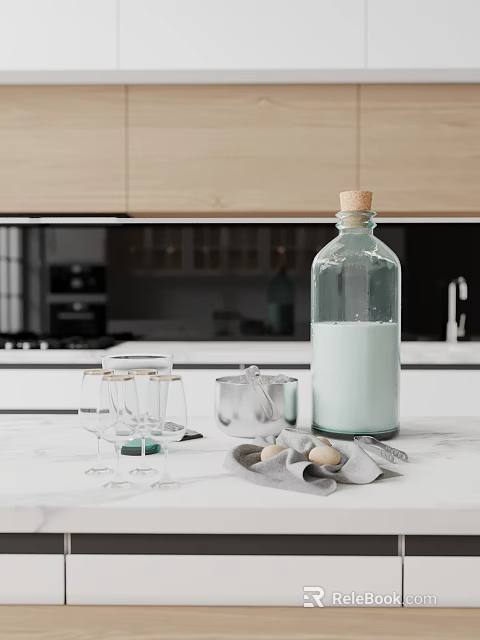 Elegant Modern Open Kitchen Interior With Marble Countertop Glassware And Eggs 3d model
