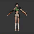 Futuristic Woman With Short Black Hair Green Crop Top Beige Shorts And Mechanical Arm