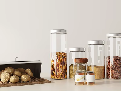 Transparent Spice Jars in Various Sizes Filled with Grains and Spices on Wooden Tray 3d model