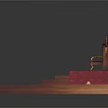 Elegant Red Chair Furniture With Gold Patterns On Red Carpet And Wooden Steps