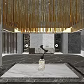 Luxurious Modern Hotel Lobby with Golden Chandelier Marble Reception Desk Elegant Columns and Artistic Sculpture