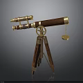 Vintage Telescope On Wooden Tripod With Wooden And Gold Metal Body And Small Golden Disc