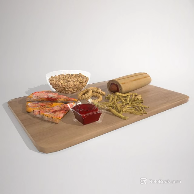 Wooden Cutting Board With Pizza Slices Sausage Roll Nuts Ketchup And Fries 3d model 