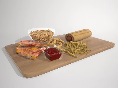 Wooden Cutting Board With Pizza Slices Sausage Roll Nuts Ketchup And Fries 3d model