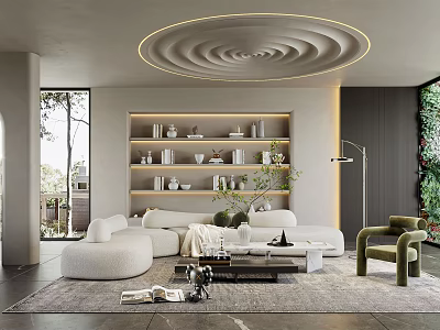 Modern Living Room Featuring Curved Sofa Shelves Decorative Items Ceiling Light and Green Plants 3d model
