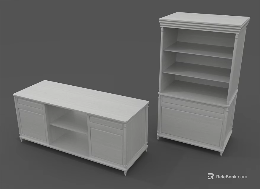Simple White Low And Tall Storage Cabinets With Shelves Drawers And Open Compartments 3d model 