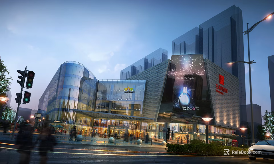 Vibrant Commercial Street With Modern Glass Buildings Large Billboards And Evening Lights 3d model 