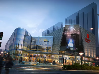 Vibrant Commercial Street With Modern Glass Buildings Large Billboards And Evening Lights 3d model