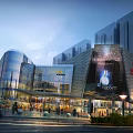 Vibrant Commercial Street With Modern Glass Buildings Large Billboards And Evening Lights