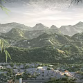 Scenic Mountain Landscape With Ferns In Foreground Lush Greenery And Village Below