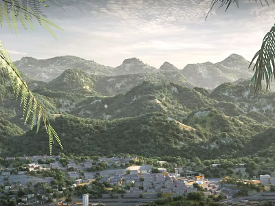 Scenic Mountain Landscape With Ferns In Foreground Lush Greenery And Village Below 3d model